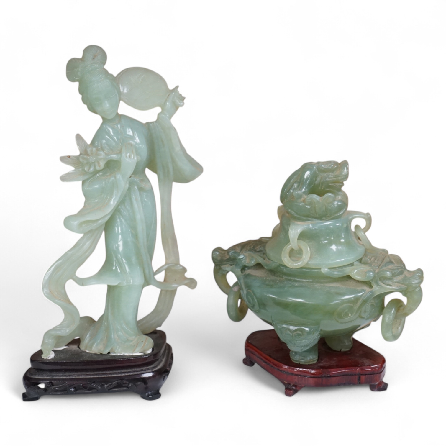 A Chinese jadeite figure and a similar censer and cover, overall 23cm high